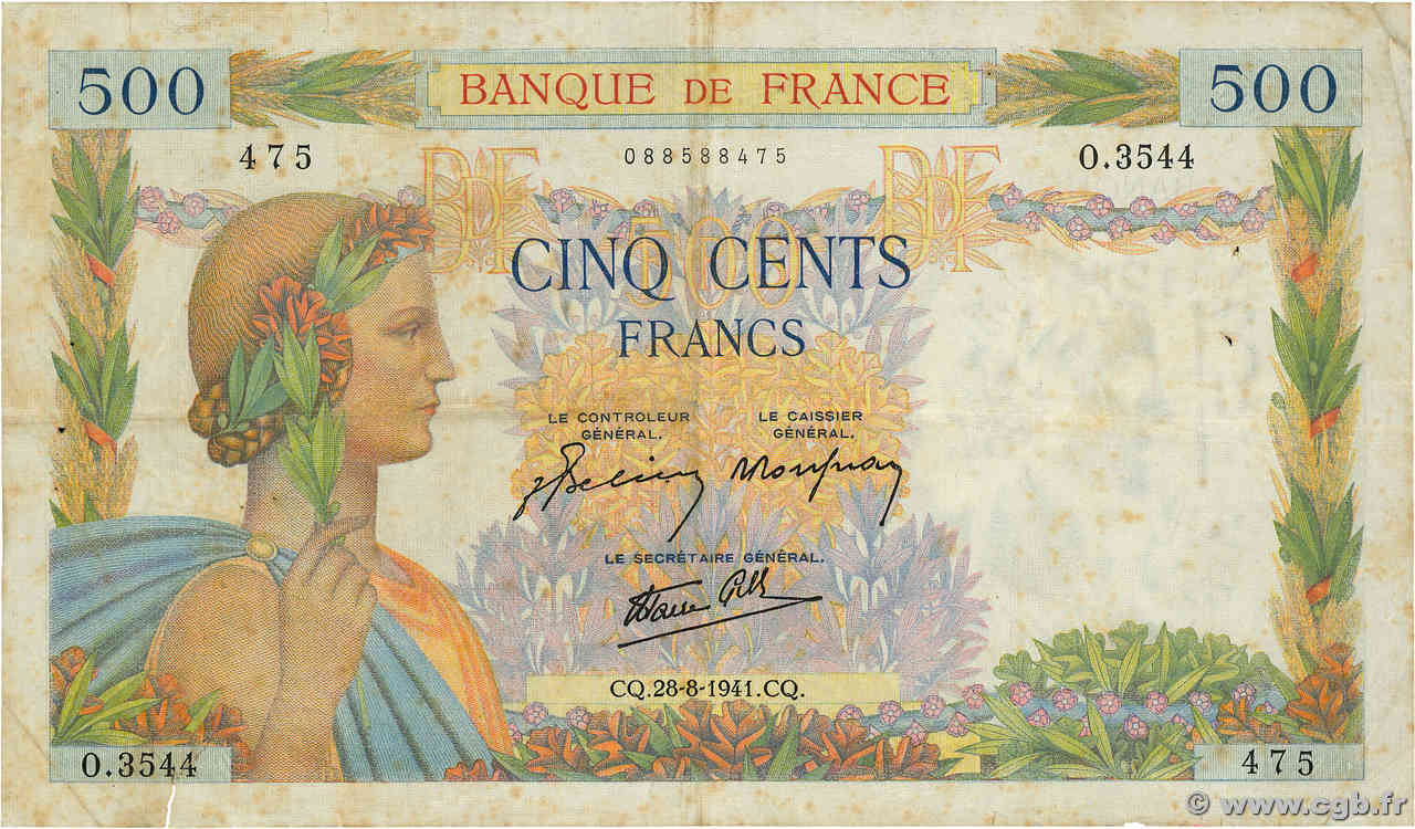 500 Francs LA PAIX FRANKREICH  1941 F.32.21 S