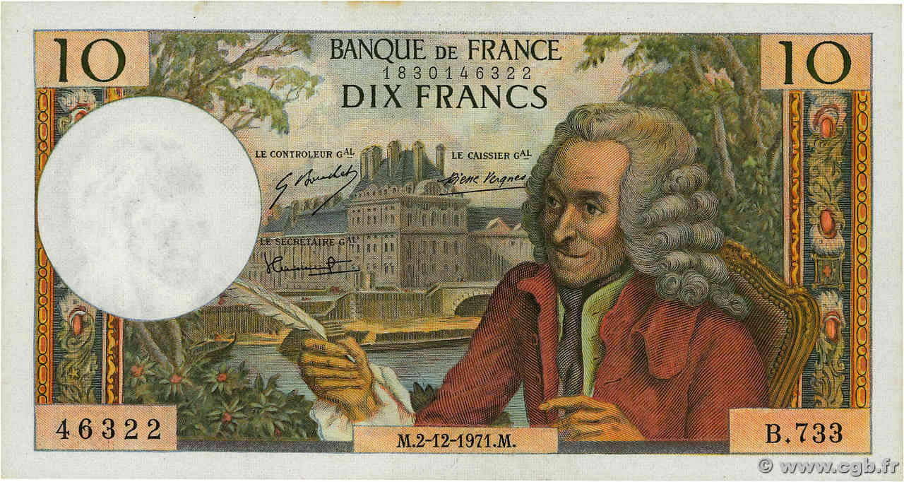 10 Francs VOLTAIRE FRANCE  1971 F.62.53 AU+