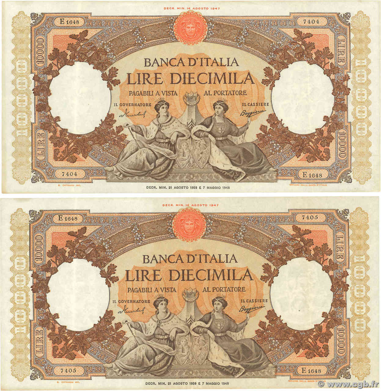 10000 Lire Consécutifs ITALIE  1959 P.089c TTB