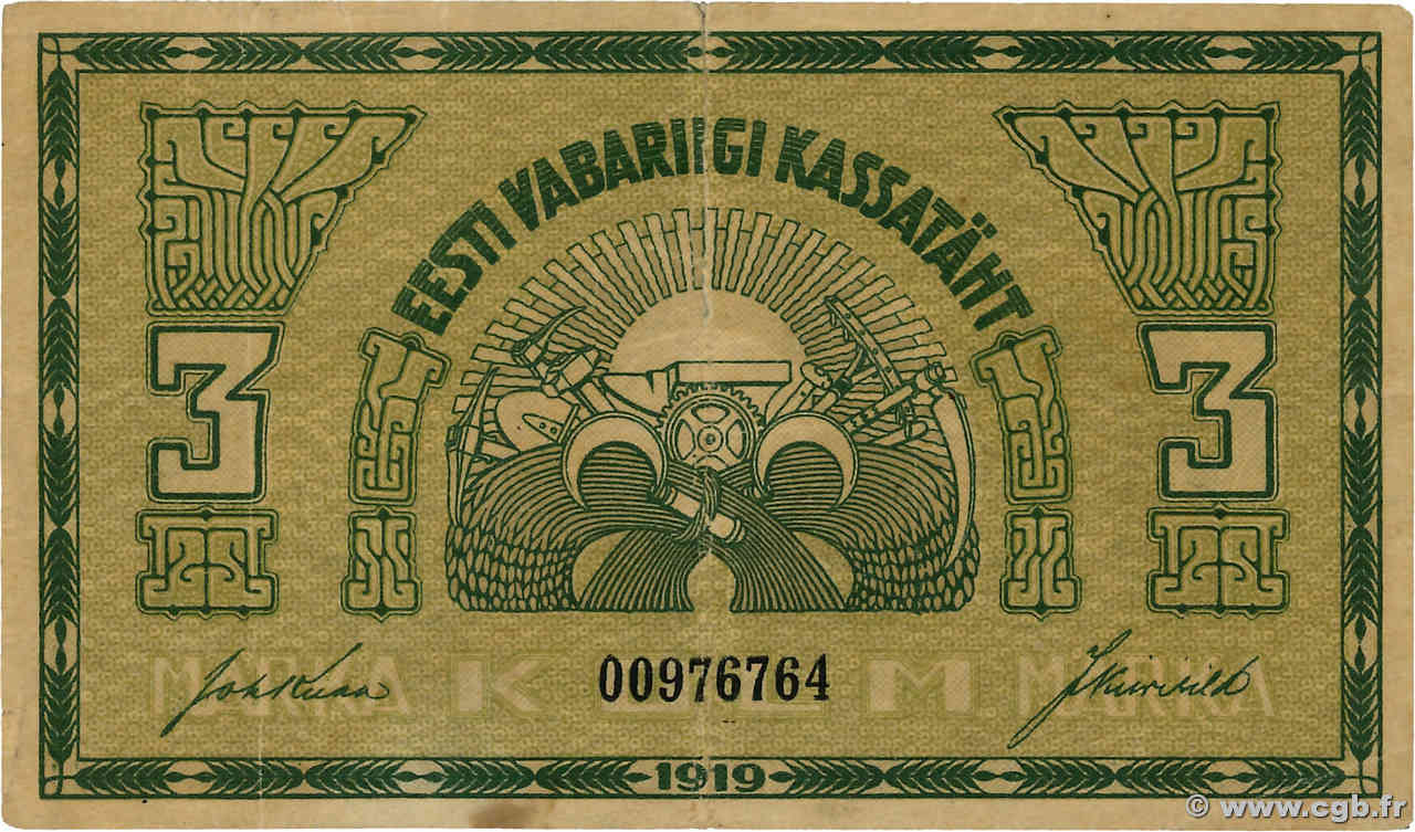 3 Marka ESTONIE  1919 P.44b TB