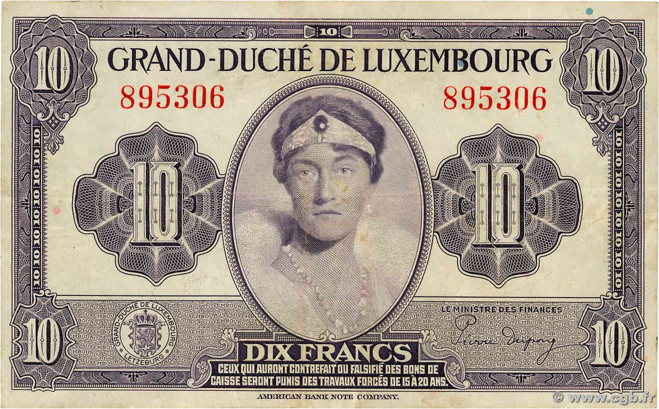 10 Francs LUXEMBOURG  1944 P.44a VF