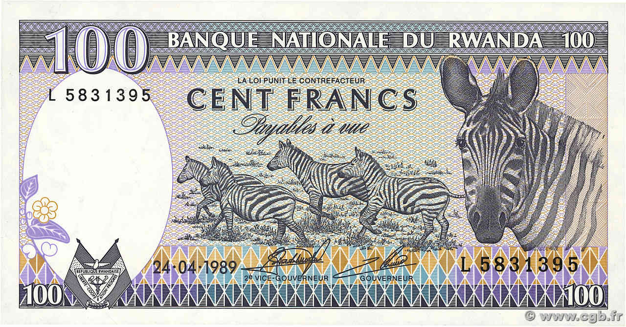 100 Francs RWANDA  1989 P.19a UNC