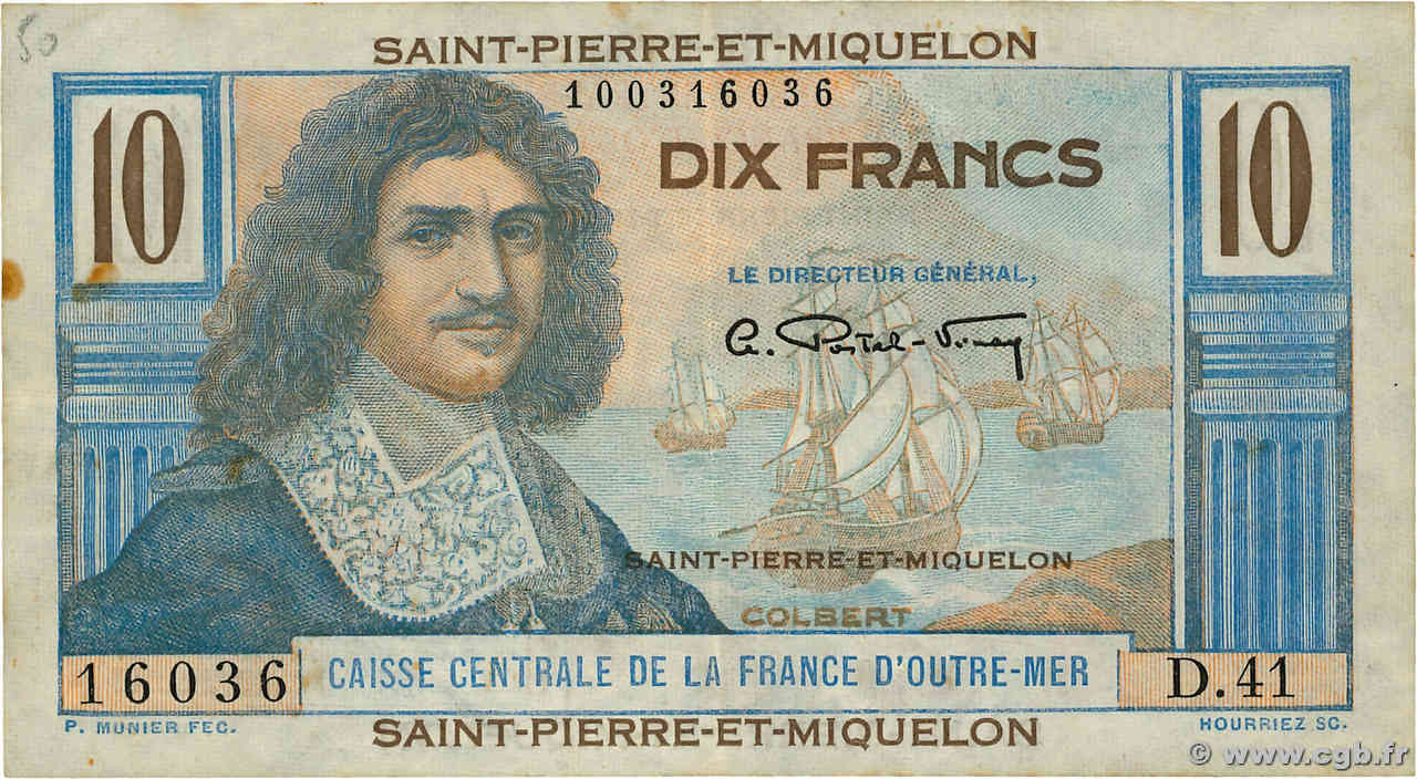 10 Francs Colbert SAINT PIERRE AND MIQUELON  1946 P.23 VF+