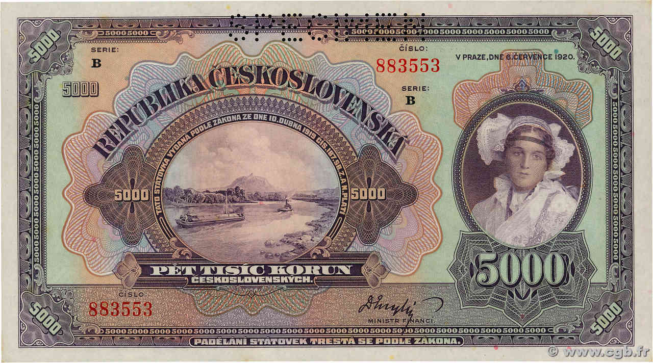 5000 Korun Spécimen TCHÉCOSLOVAQUIE  1920 P.019s pr.NEUF
