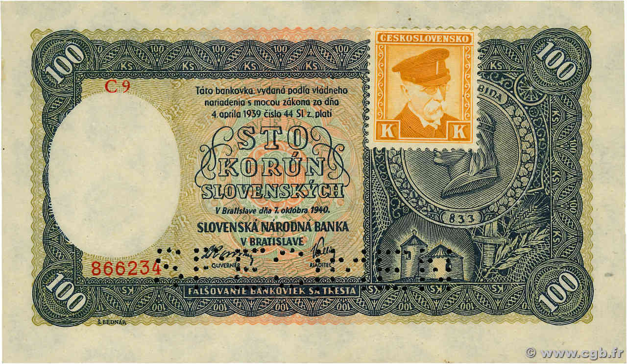 100 Korun Spécimen CECOSLOVACCHIA  1945 P.052s FDC