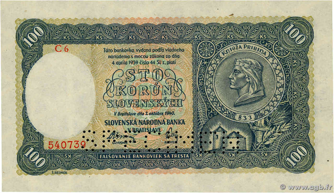 100 Korun Spécimen SLOVAKIA  1940 P.11s UNC-