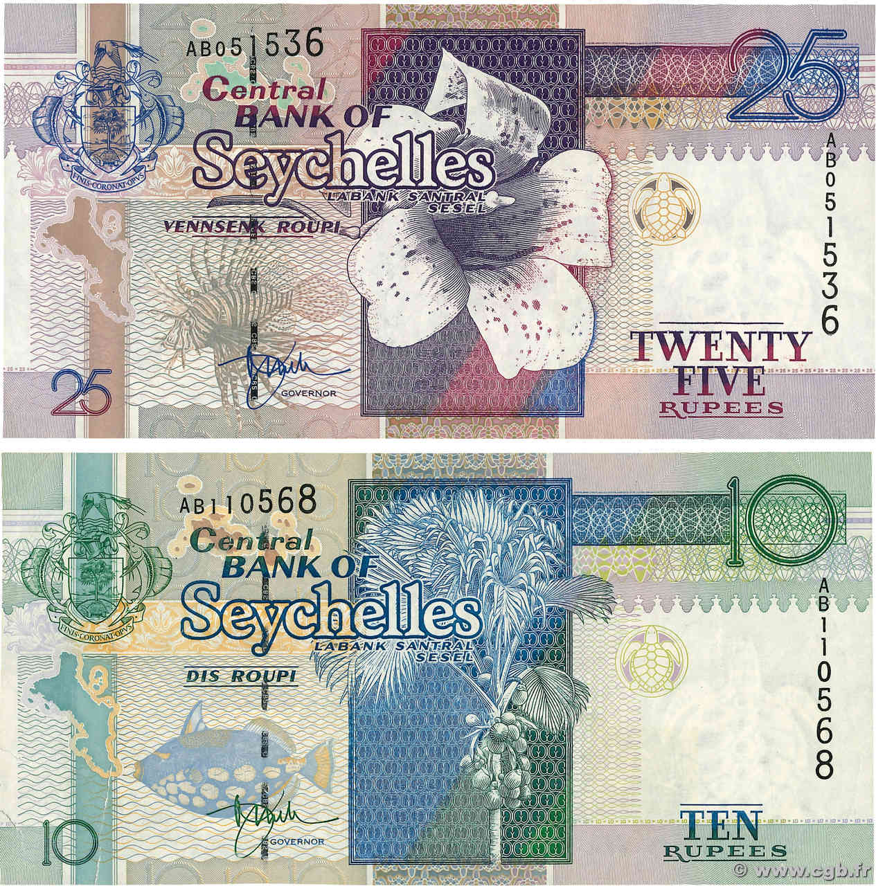 10 et 25 Rupees Lot SEYCHELLEN  1998 P.36a S