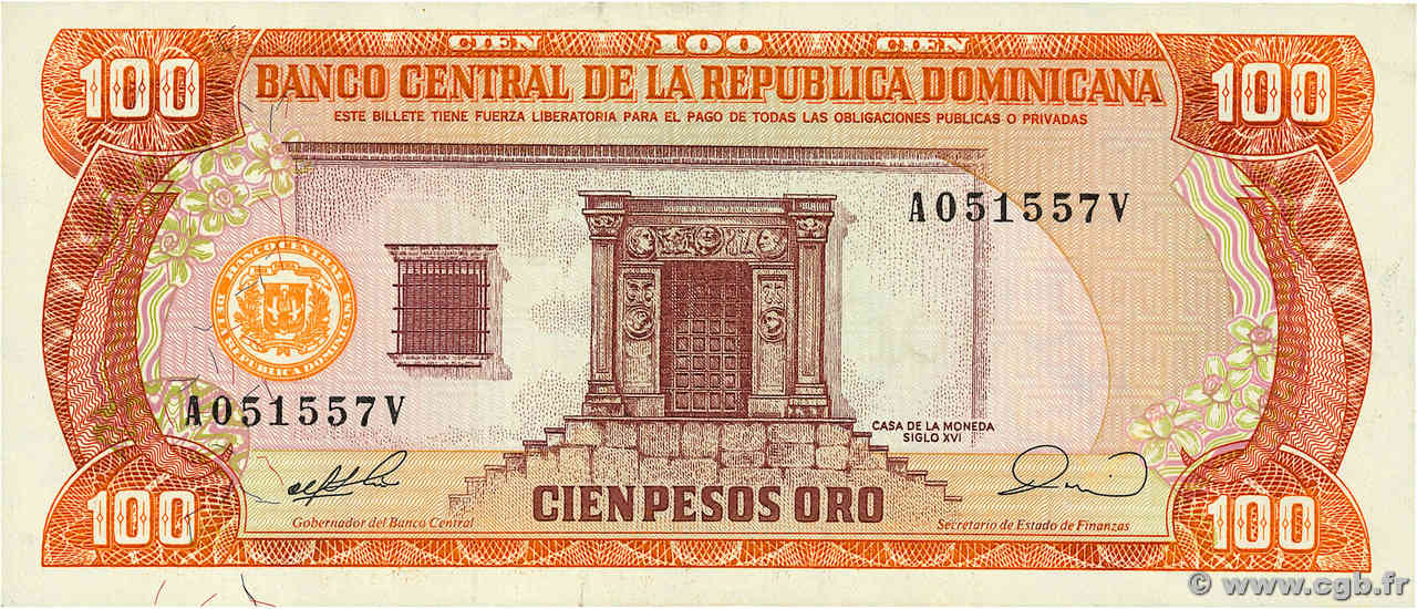100 Pesos Oro DOMINICAN REPUBLIC  1990 P.128b VF+