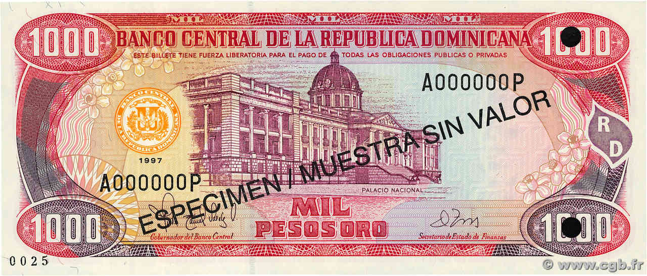 1000 Pesos Oro Spécimen RÉPUBLIQUE DOMINICAINE  1997 P.158s2 NEUF