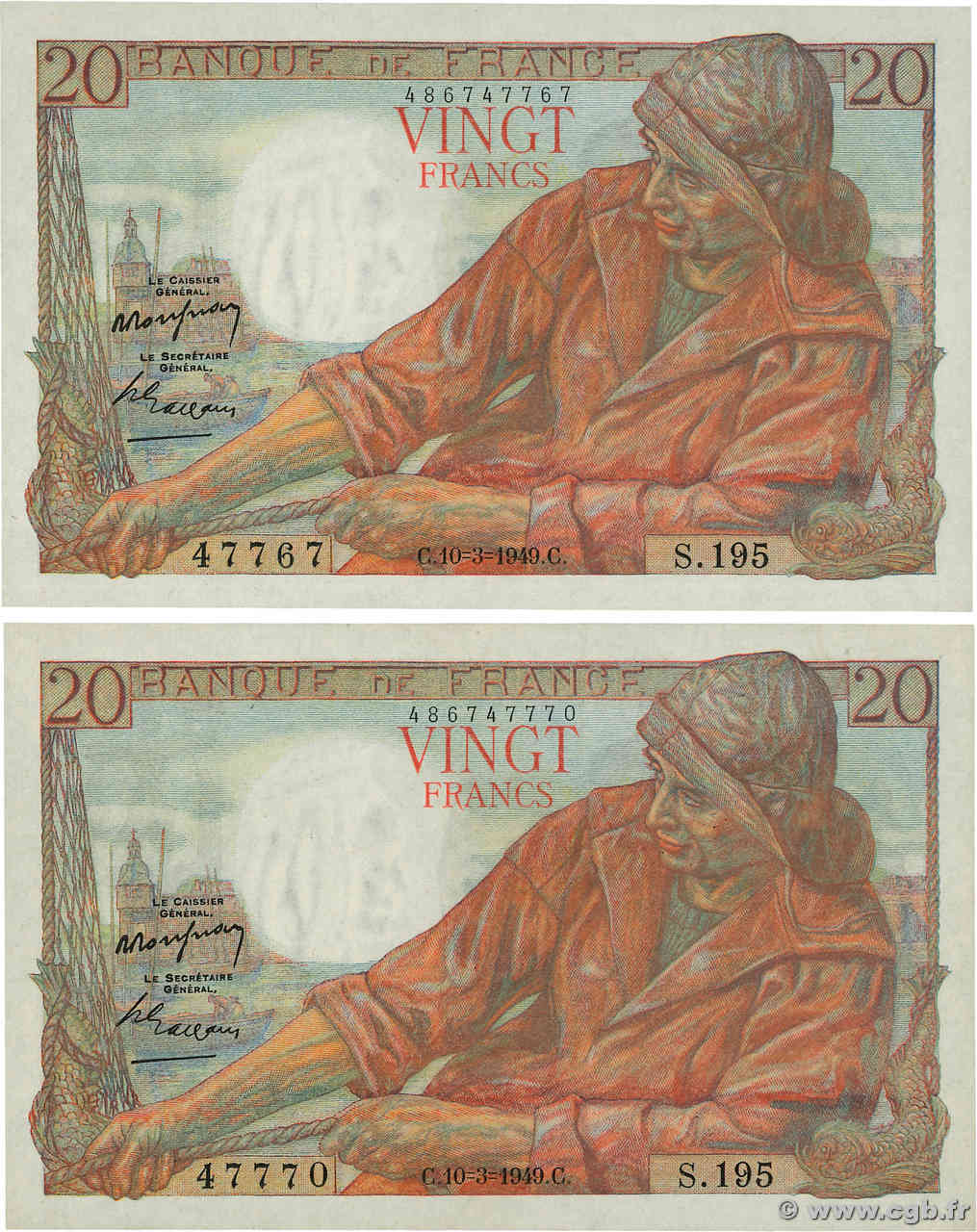 20 Francs PÊCHEUR Lot FRANCE  1949 F.13.14 AU-
