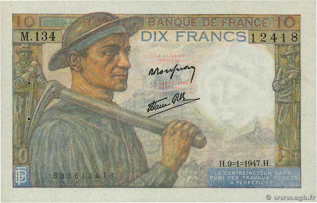 10 Francs MINEUR FRANCE  1947 F.08.17 XF