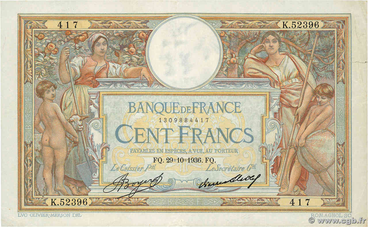 100 Francs LUC OLIVIER MERSON grands cartouches FRANCE  1936 F.24.15 pr.TTB