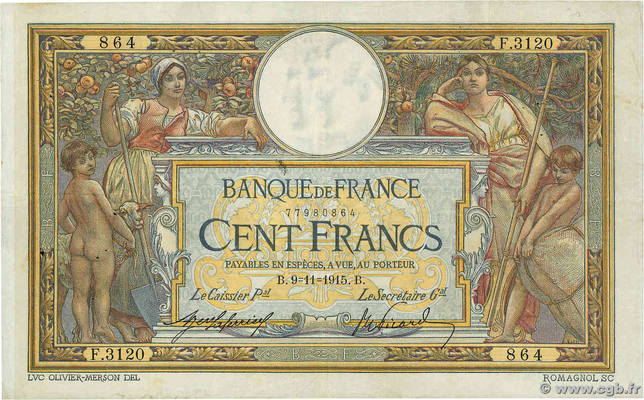 100 Francs LUC OLIVIER MERSON sans LOM FRANCIA  1915 F.23.07 MB
