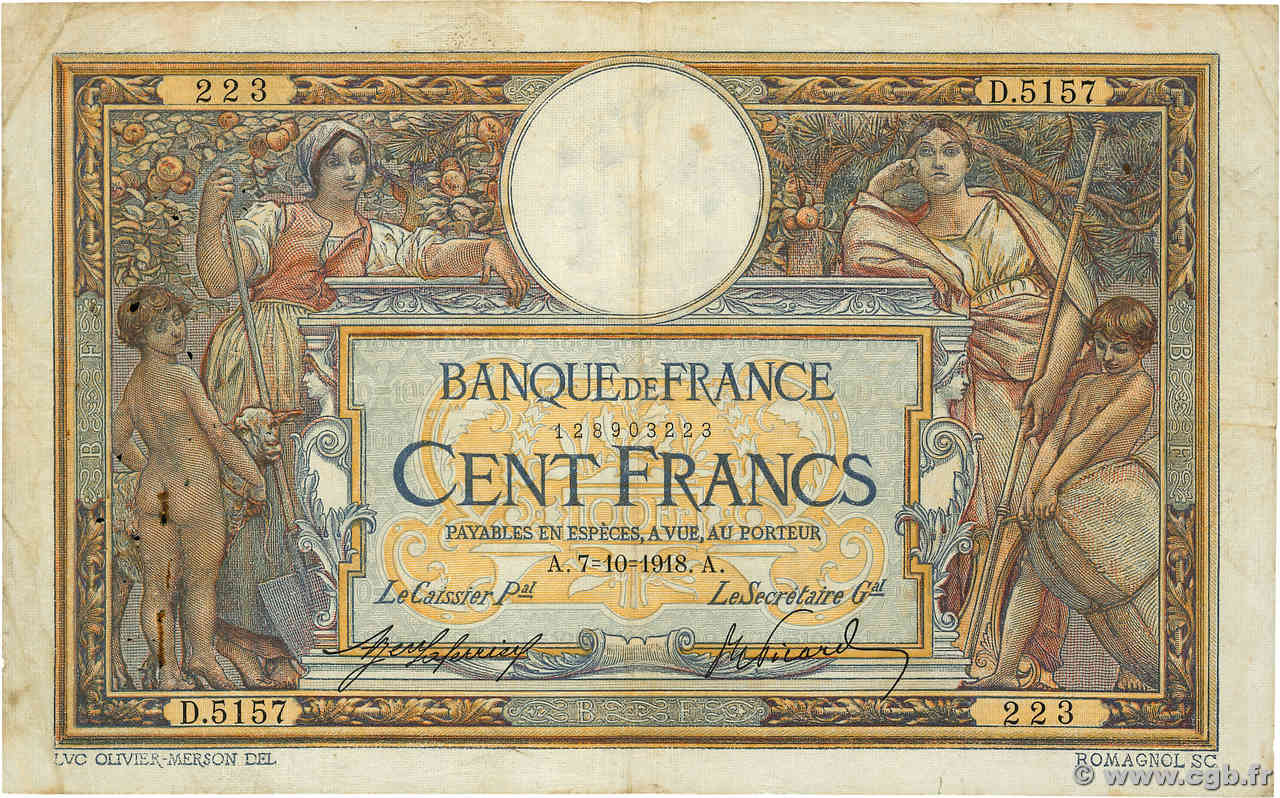 100 Francs LUC OLIVIER MERSON sans LOM FRANCE  1918 F.23.10 F