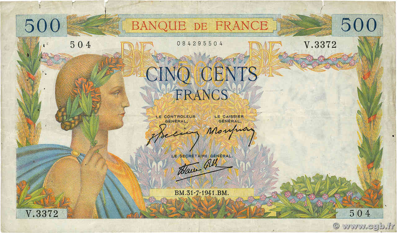 500 Francs LA PAIX FRANCE  1941 F.32.20 TB