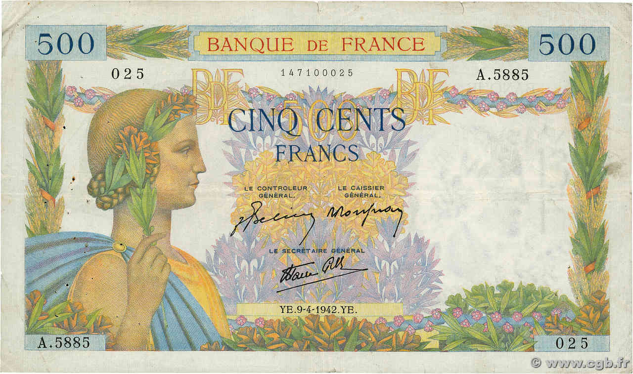 500 Francs LA PAIX FRANCIA  1942 F.32.34 BC+
