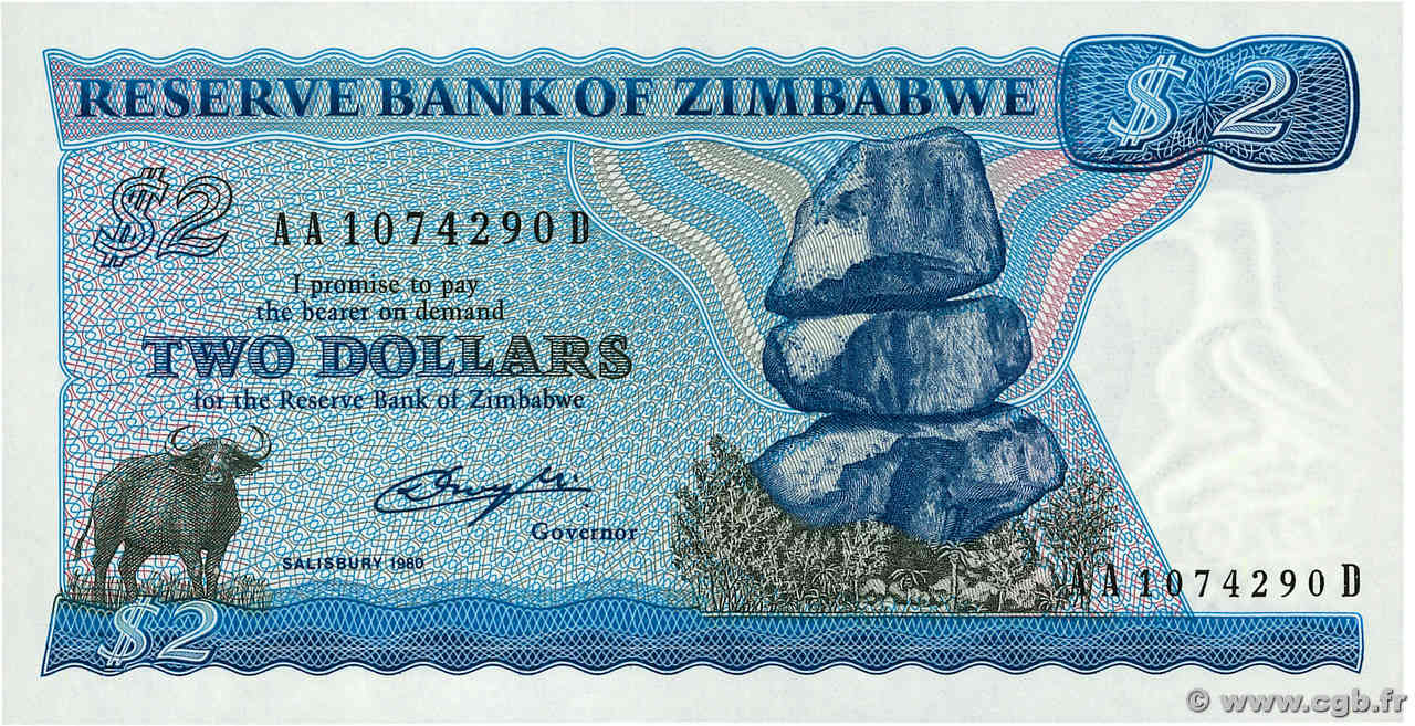 2 Dollars ZIMBABWE  1980 P.01a UNC