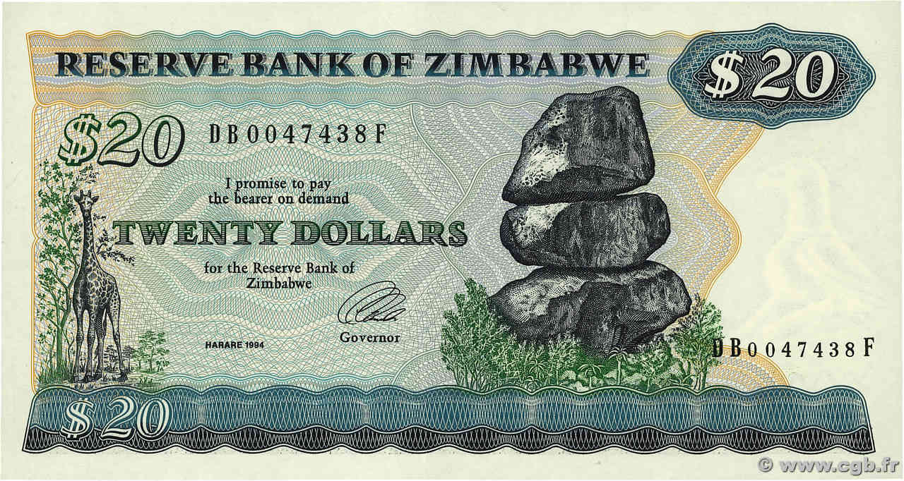 20 Dollars ZIMBABWE  1994 P.04d UNC-