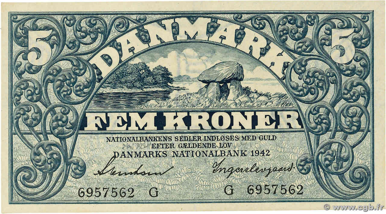 5 Kroner DINAMARCA  1942 P.030f AU+