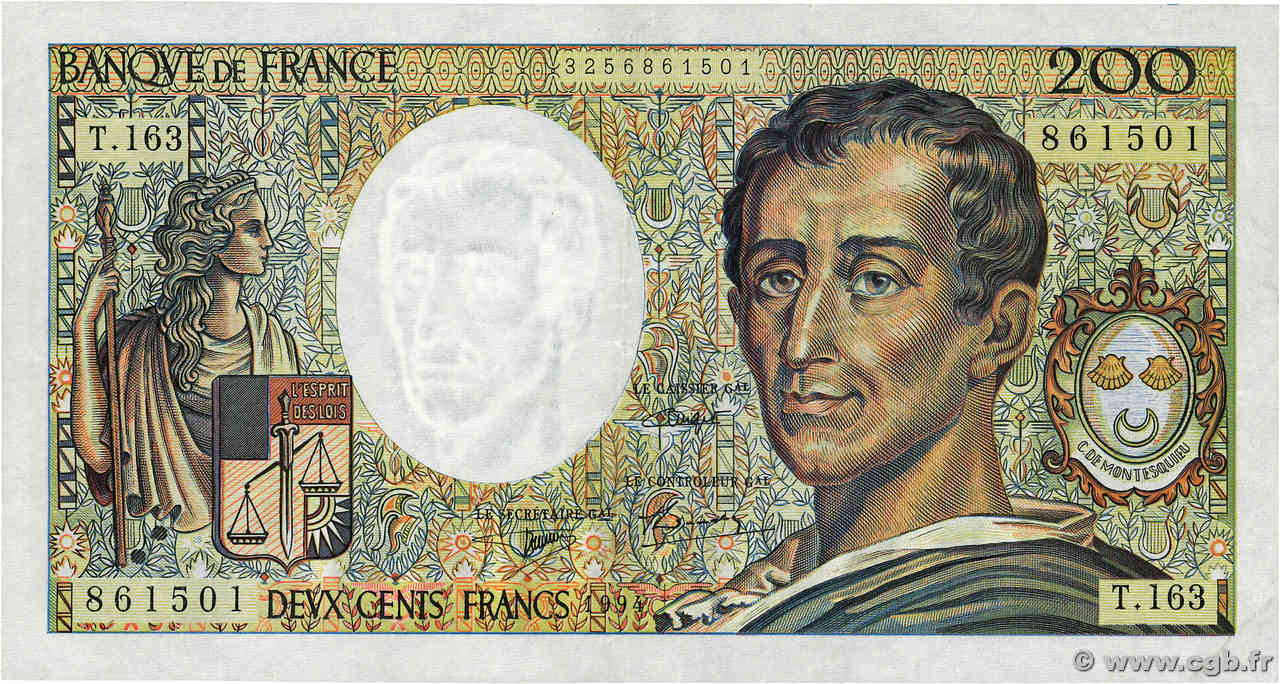 200 Francs MONTESQUIEU Modifié FRANCIA  1994 F.70/2.01 MBC