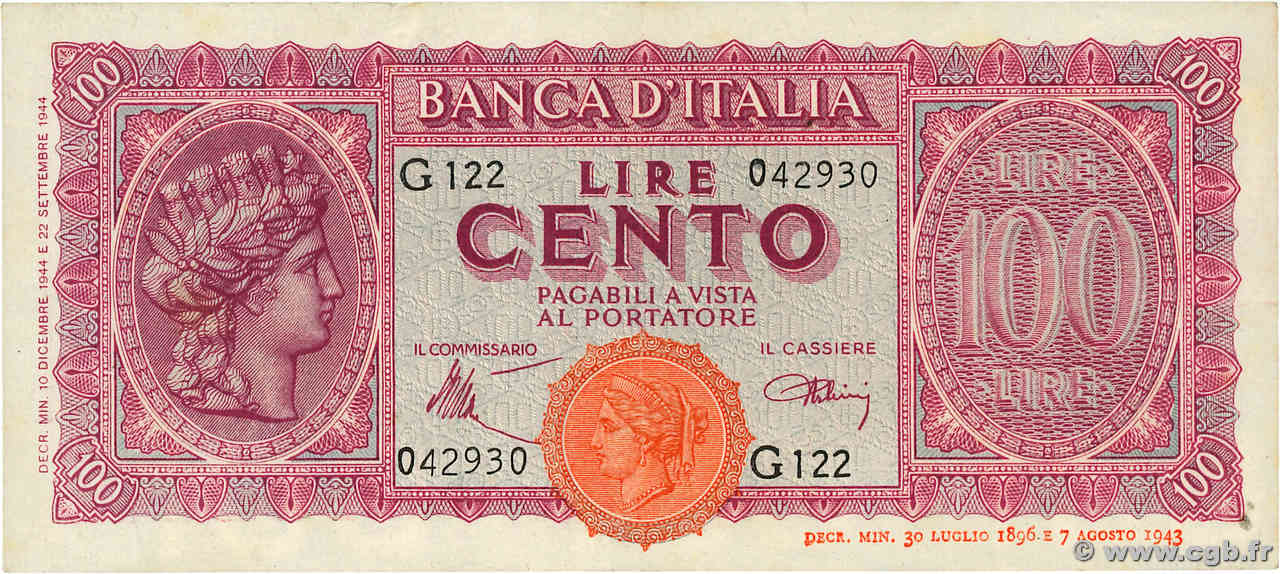 100 Lire ITALY  1944 P.075a VF+