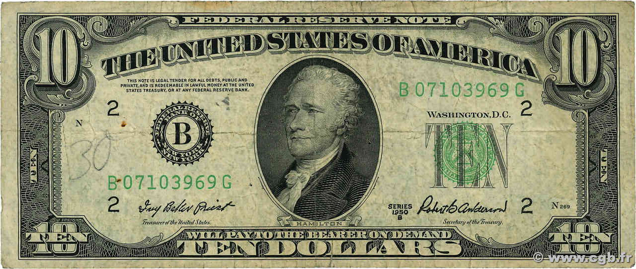 10 Dollars ÉTATS-UNIS D AMÉRIQUE New York  1950 P.439b B+