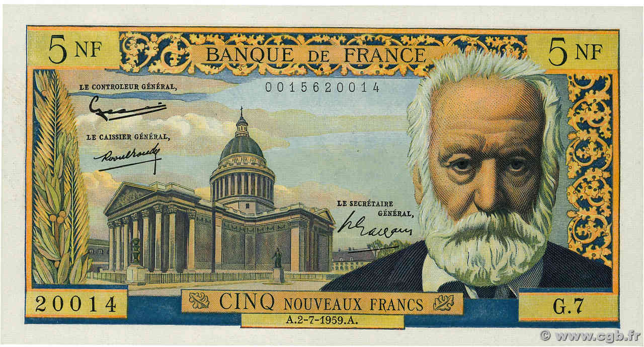 5 Nouveaux Francs VICTOR HUGO FRANKREICH  1959 F.56.02 ST