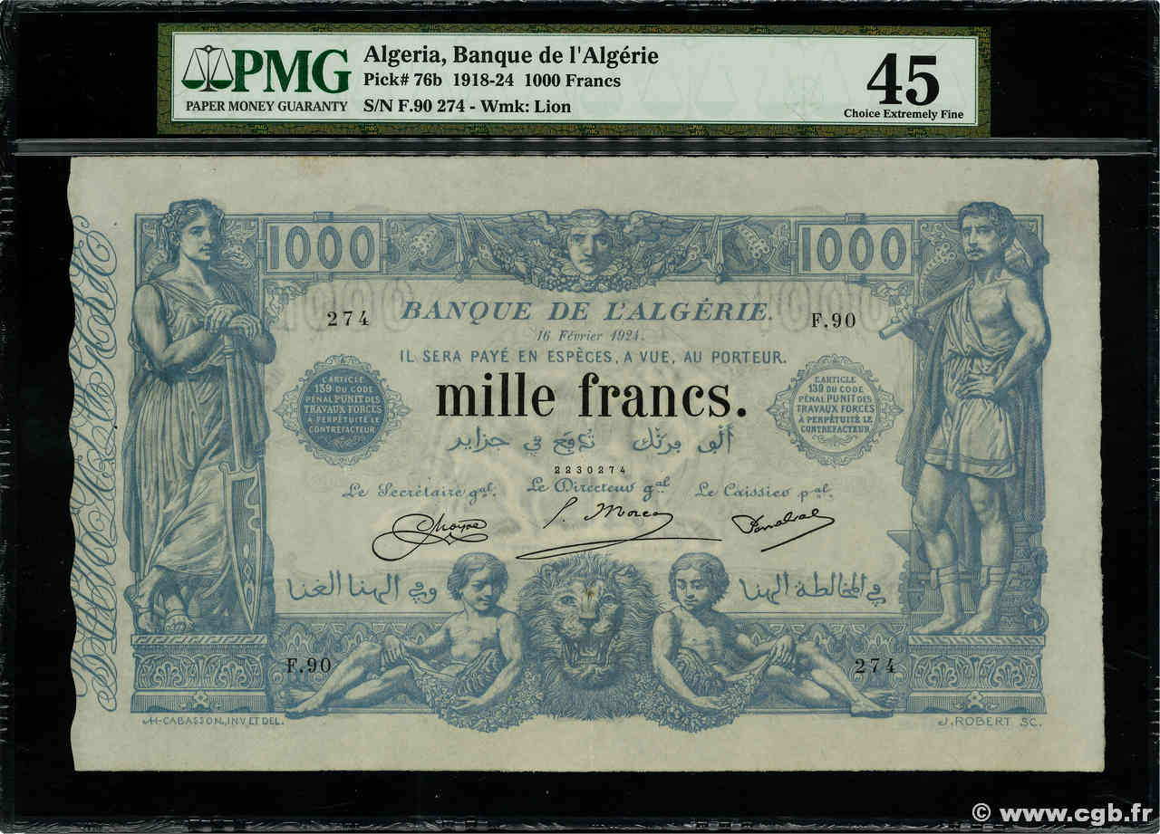 1000 Francs ALGERIEN  1924 P.076b VZ