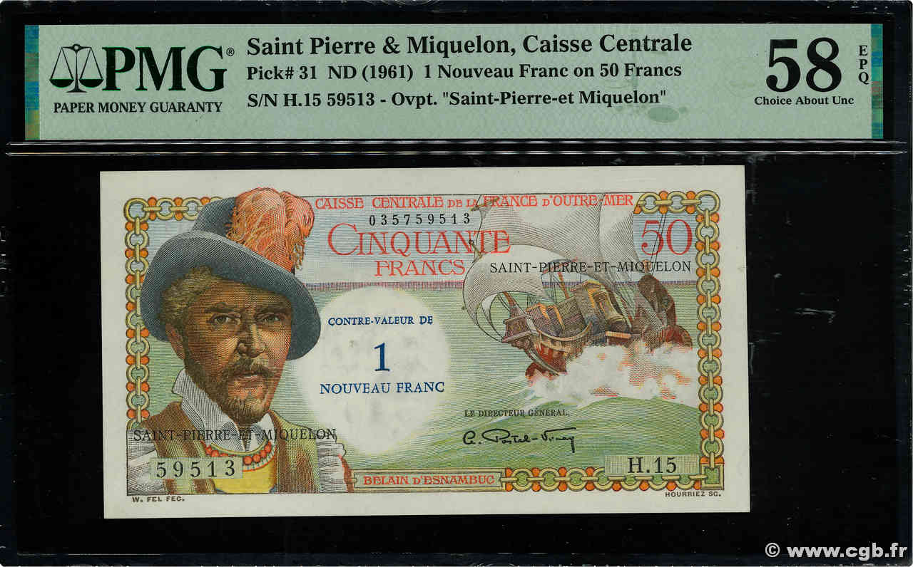 1 NF sur 50 Francs Belain d Esnambuc SAINT PIERRE E MIQUELON  1960 P.31 AU