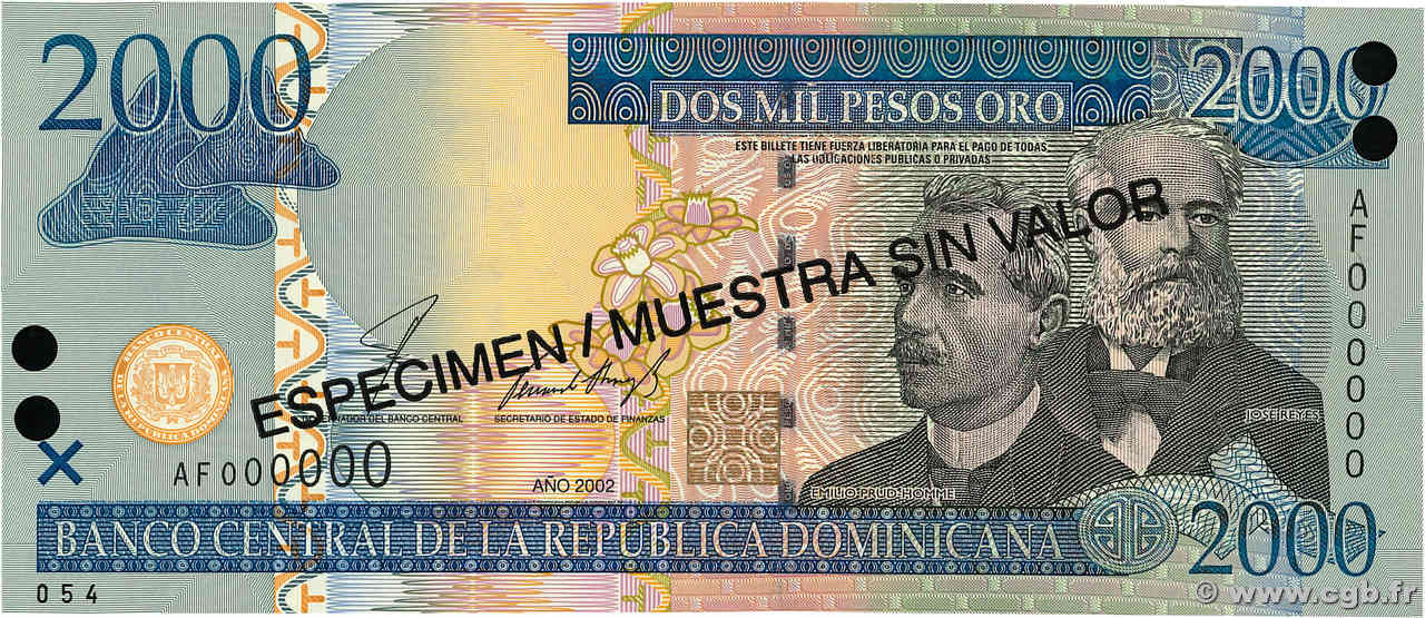 2000 Pesos Oro Spécimen RÉPUBLIQUE DOMINICAINE  2002 P.174s1 FDC