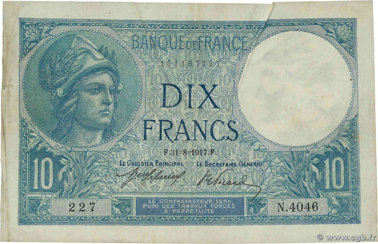 10 Francs MINERVE FRANCE  1917 F.06.02a VF-