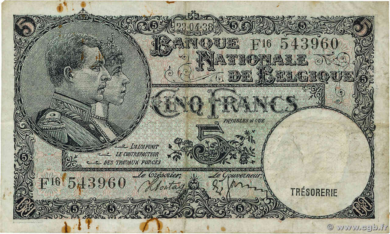 5 Francs BELGIQUE  1938 P.108a TTB