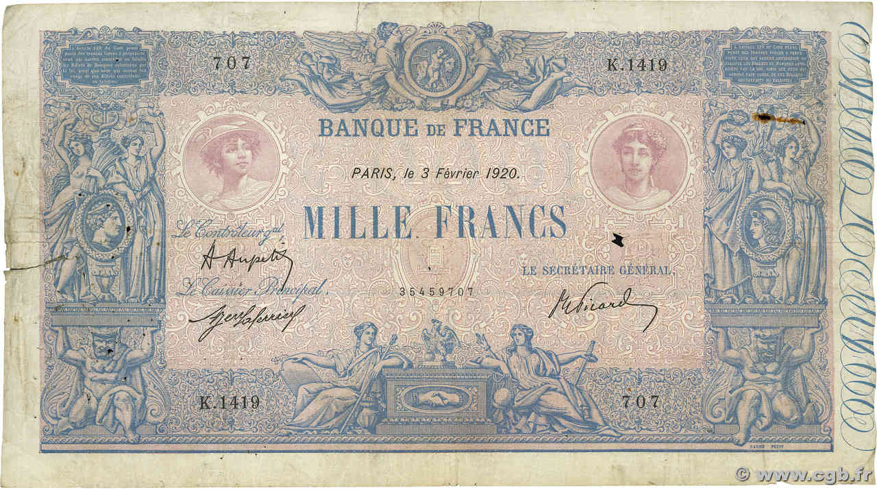 1000 Francs BLEU ET ROSE FRANCE  1920 F.36.35 B+