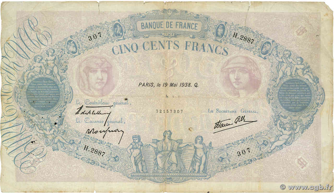 500 Francs BLEU ET ROSE modifié FRANCE  1938 F.31.11 VG
