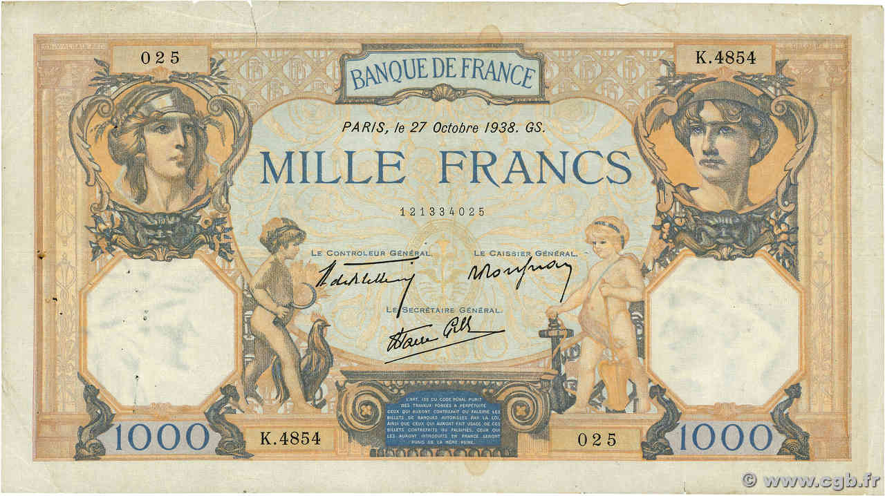 1000 Francs CÉRÈS ET MERCURE type modifié FRANCE  1938 F.38.31 B+