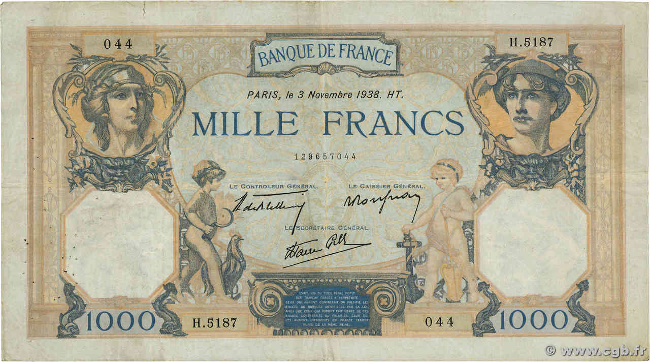 1000 Francs CÉRÈS ET MERCURE type modifié FRANKREICH  1938 F.38.32 S