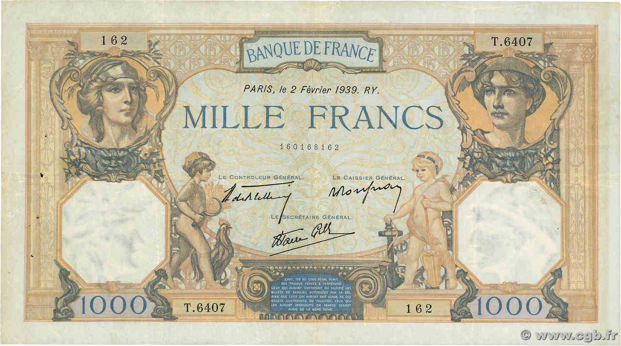 1000 Francs CÉRÈS ET MERCURE type modifié FRANCE  1939 F.38.34 pr.TTB