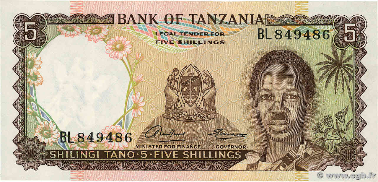 5 Shillings TANZANIA  1966 P.01a UNC-