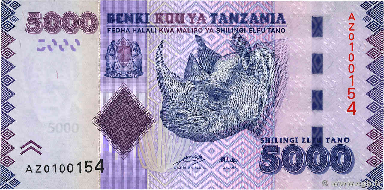 5000 Shilingi TANZANIA  2010 P.43 UNC-