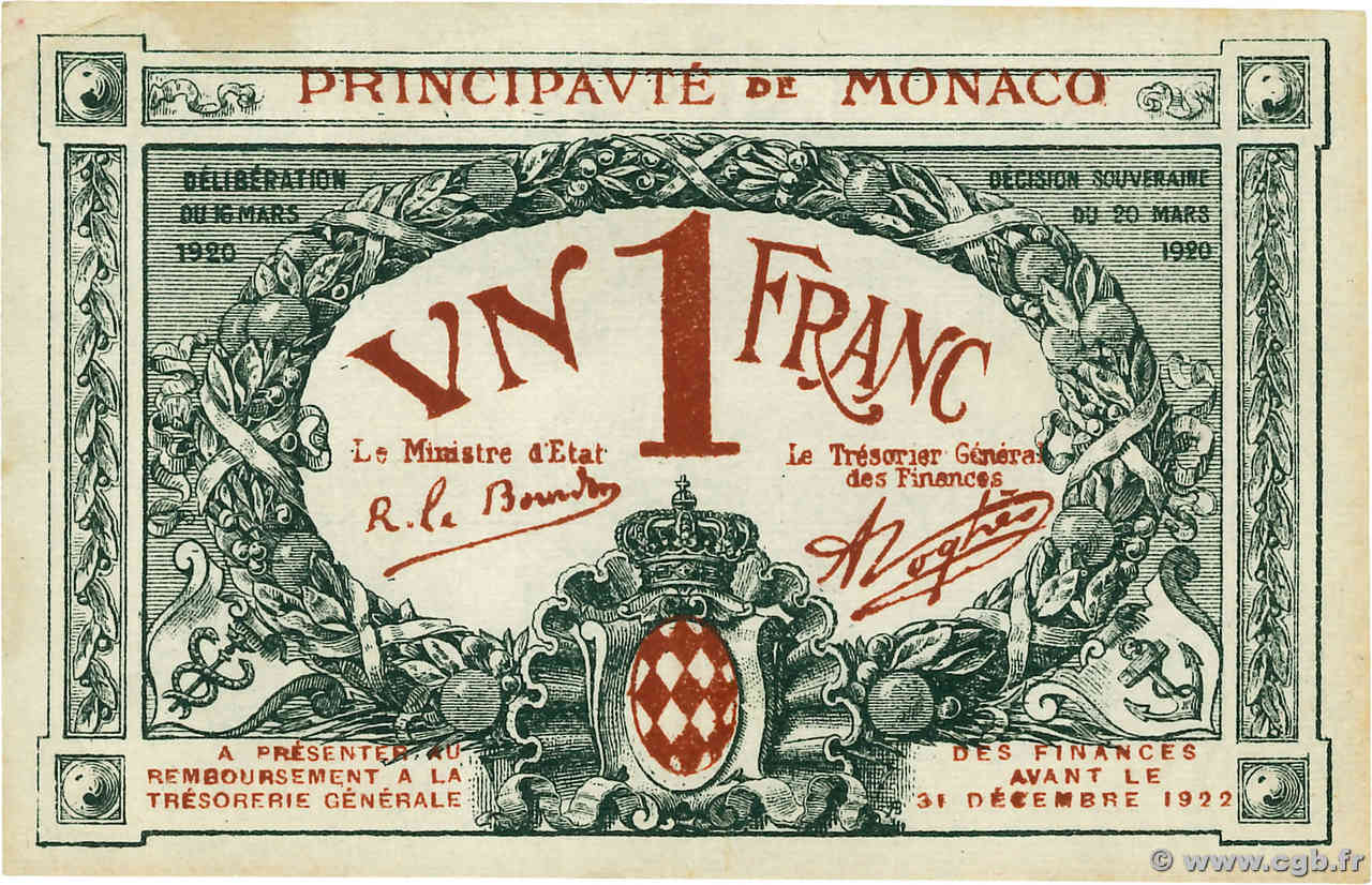 1 Franc Spécimen MONACO  1920 P.05s pr.SPL