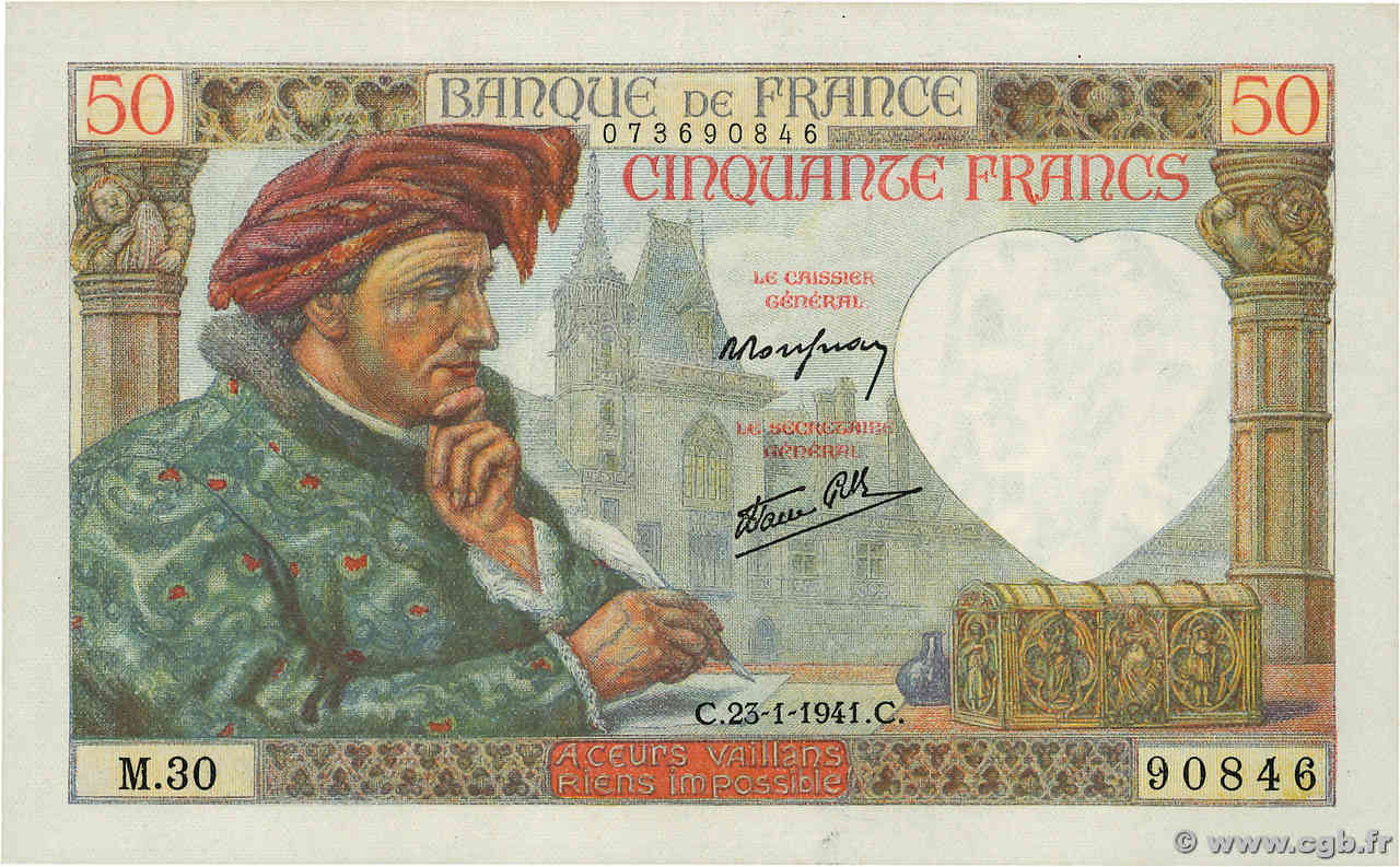 50 Francs JACQUES CŒUR FRANCE  1941 F.19.05 SUP