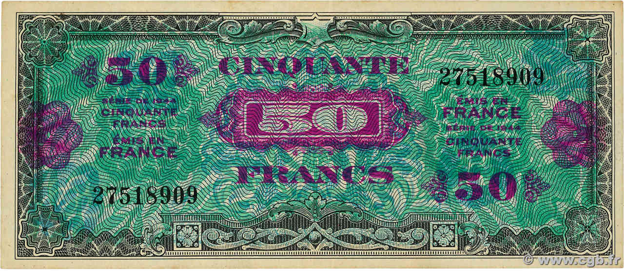 50 Francs DRAPEAU FRANKREICH  1944 VF.19.01 fVZ