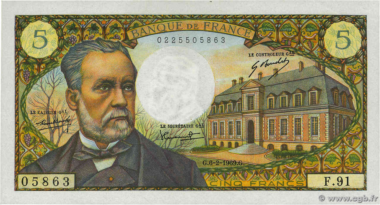 5 Francs PASTEUR FRANKREICH  1969 F.61.09 VZ