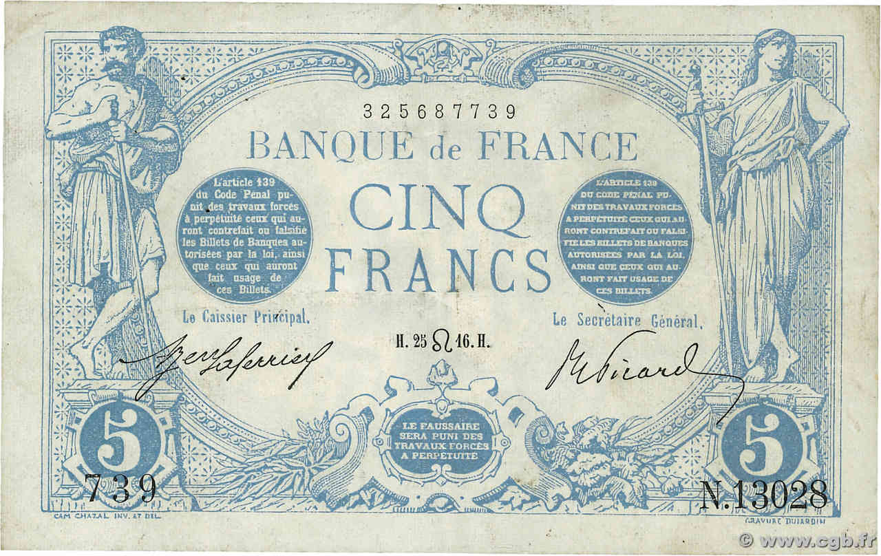 5 Francs BLEU FRANCIA  1916 F.02.41 q.SPL