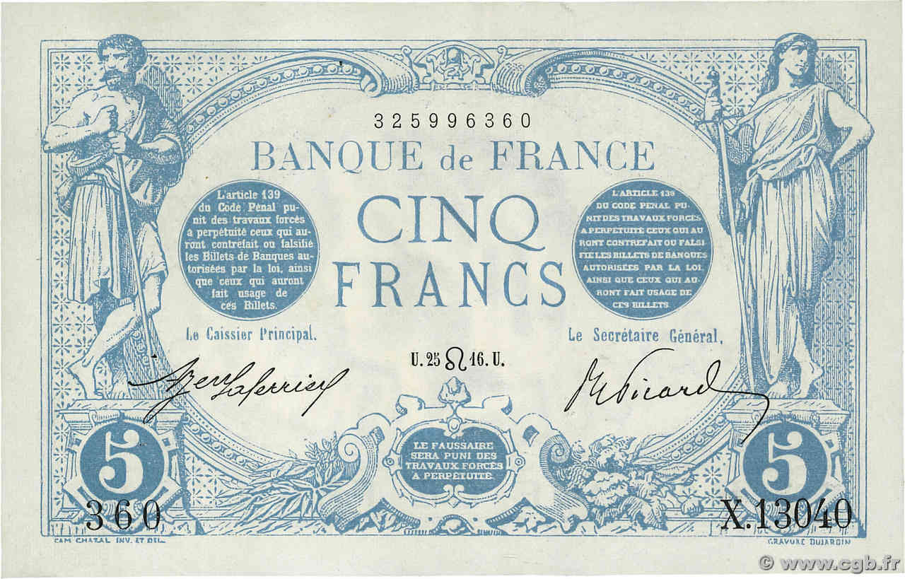 5 Francs BLEU FRANCE  1916 F.02.41 XF+