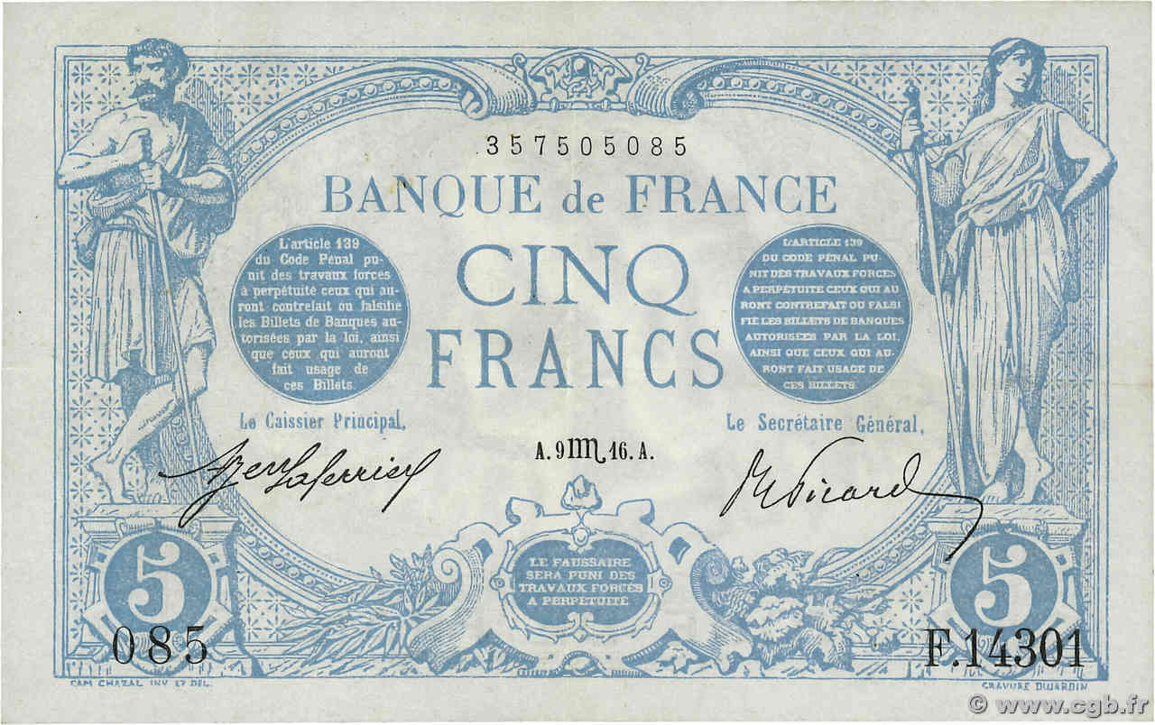 5 Francs BLEU FRANKREICH  1916 F.02.44 fVZ