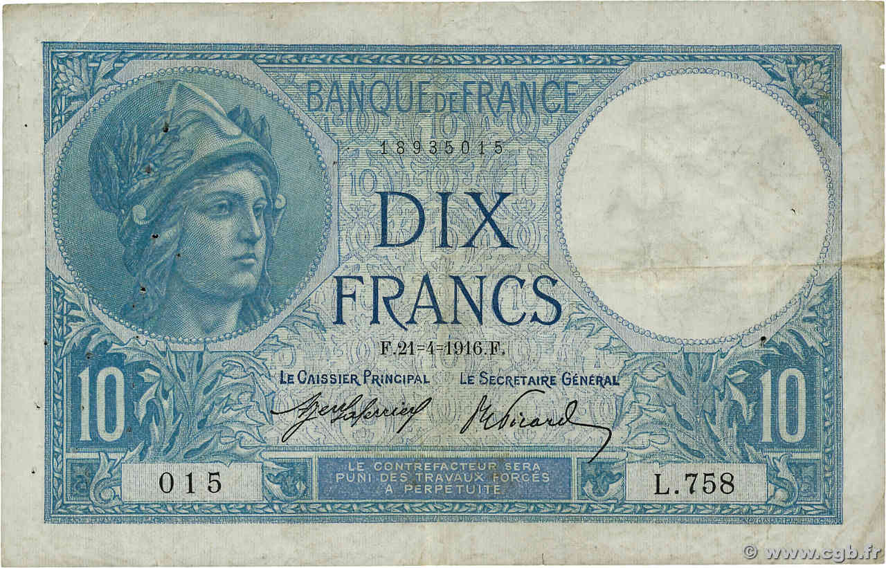 10 Francs MINERVE FRANCIA  1916 F.06.01 BC+