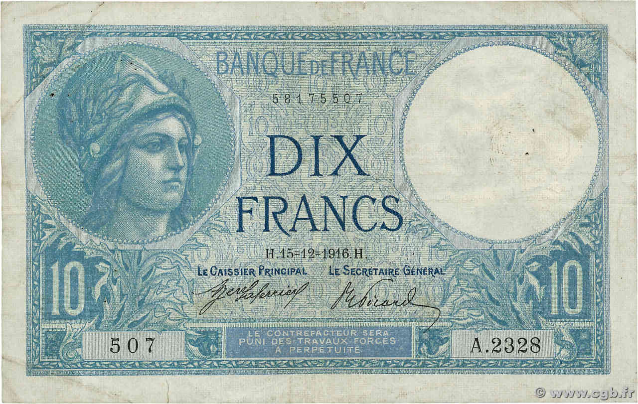 10 Francs MINERVE FRANCIA  1916 F.06.01 BC+