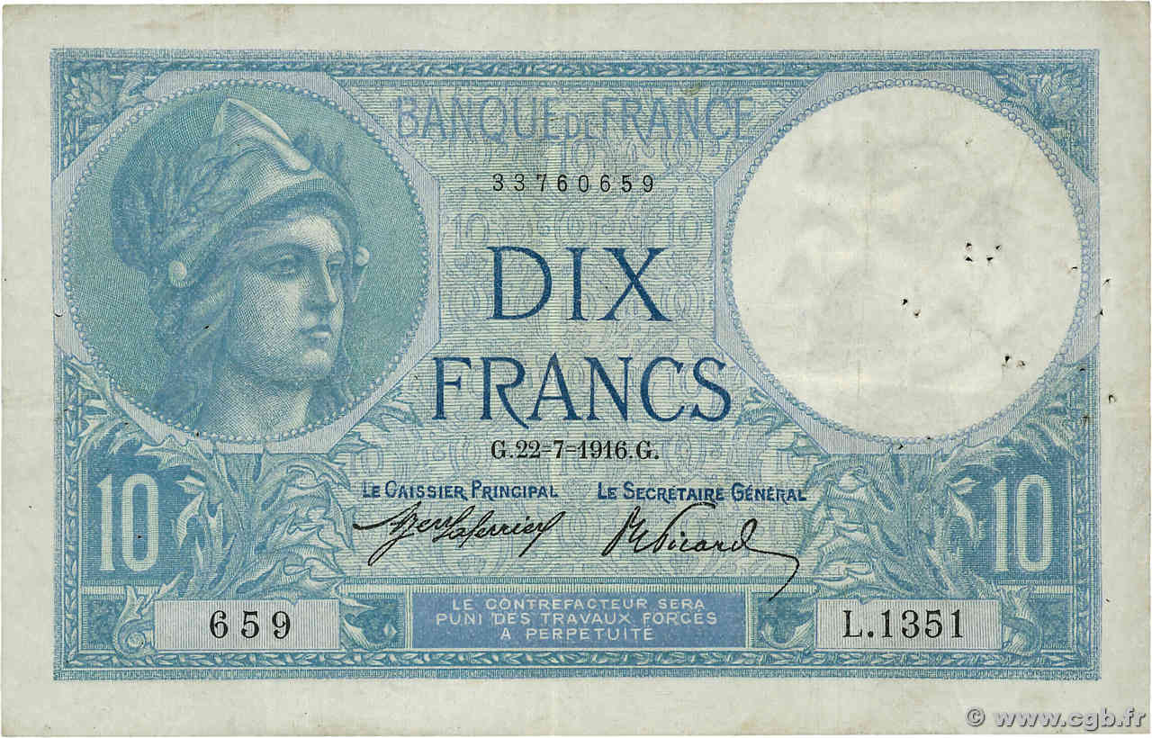 10 Francs MINERVE FRANKREICH  1916 F.06.01 SS