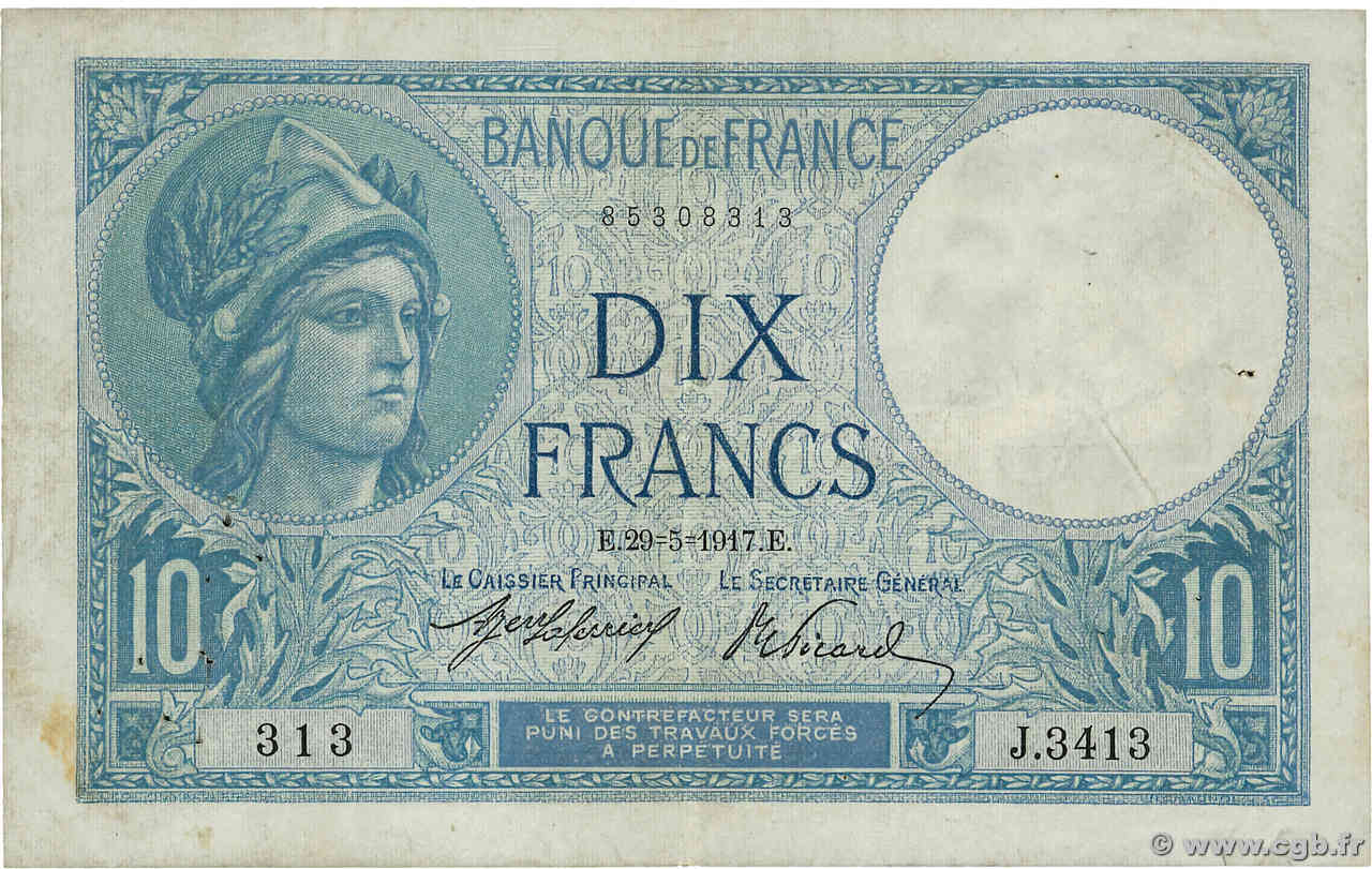 10 Francs MINERVE FRANCIA  1917 F.06.02 BC+